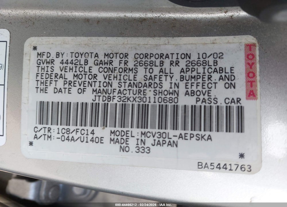2003 TOYOTA CAMRY SE V6 VIN: JTDBF32KX30110680