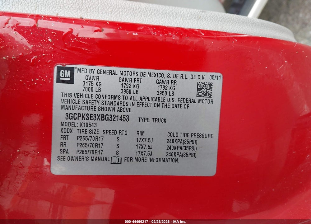 2011 CHEVROLET SILVERADO 1500 LT VIN: 3GCPKSE3XBG321453