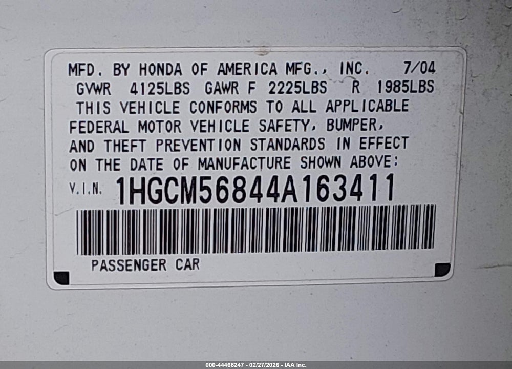 2004 HONDA ACCORD 2.4 EX VIN: 1HGCM56844A163411