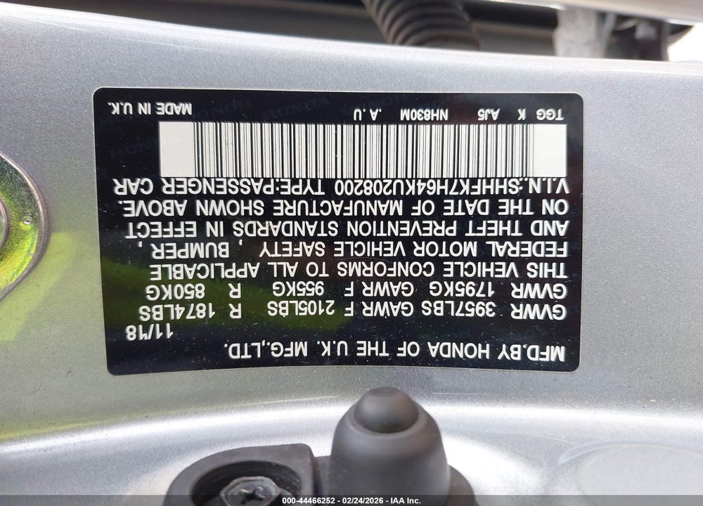 2019 HONDA CIVIC EX VIN: SHHFK7H64KU208200