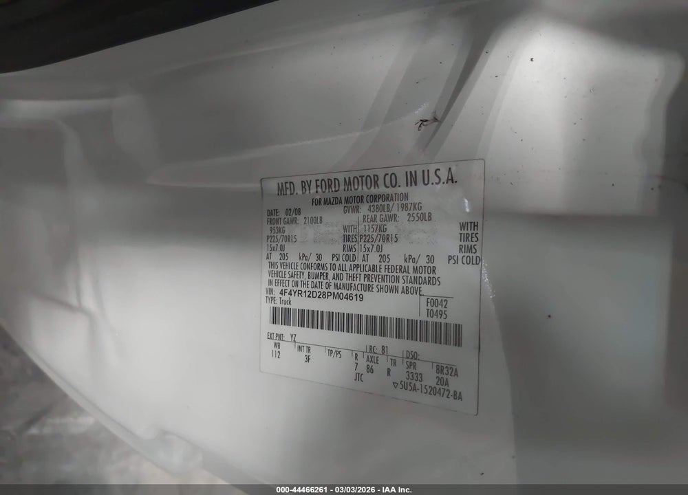 2008 MAZDA B2300 VIN: 4F4YR12D28PM04619