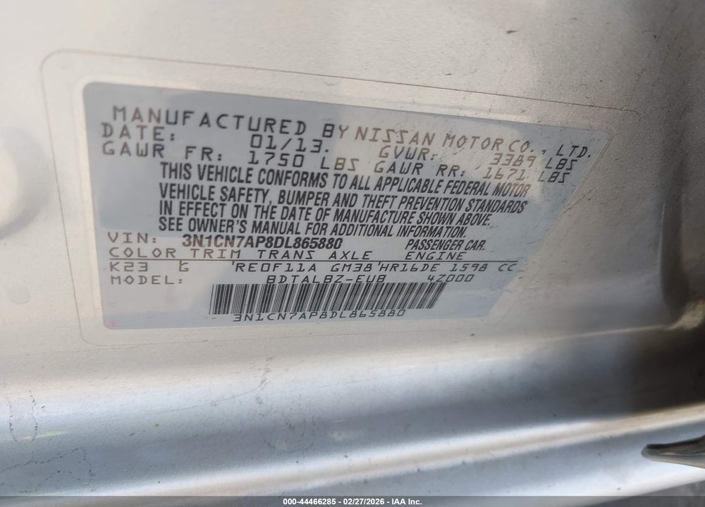 2013 NISSAN VERSA 1.6 SV VIN: 3N1CN7AP8DL865880