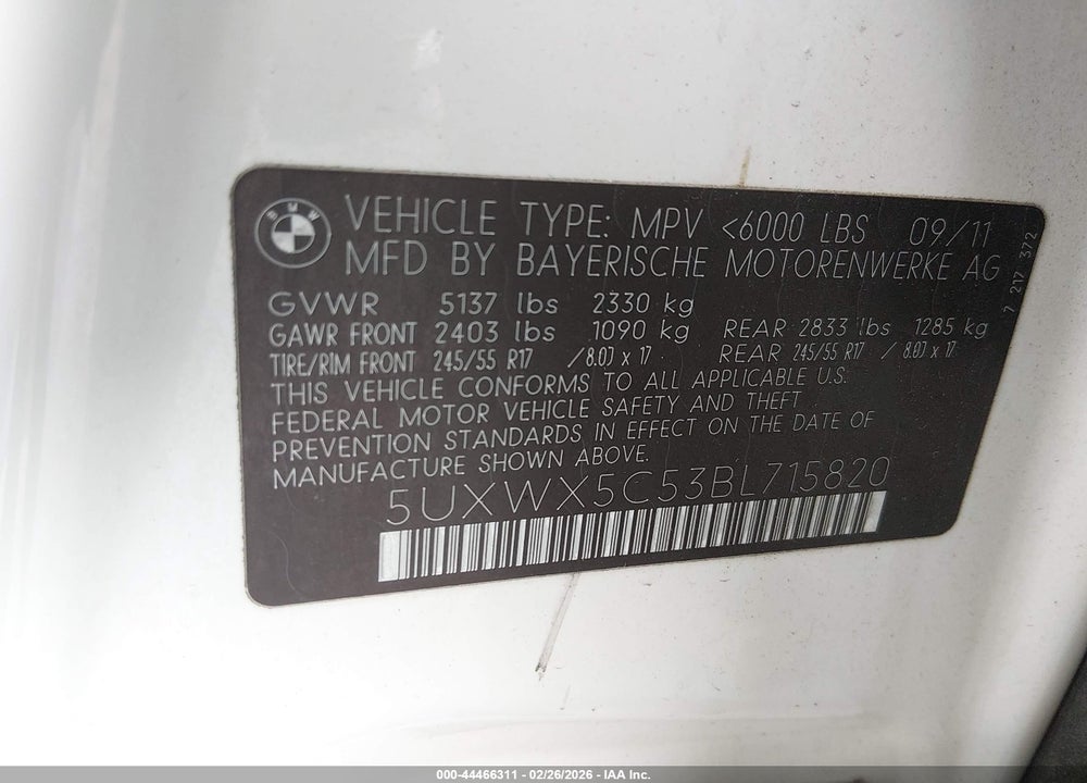 2011 BMW X3 XDRIVE28I VIN: 5UXWX5C53BL715820