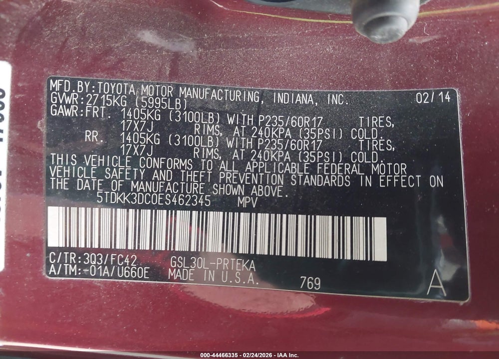 2014 TOYOTA SIENNA LE V6 8 PASSENGER VIN: 5TDKK3DC0ES462345