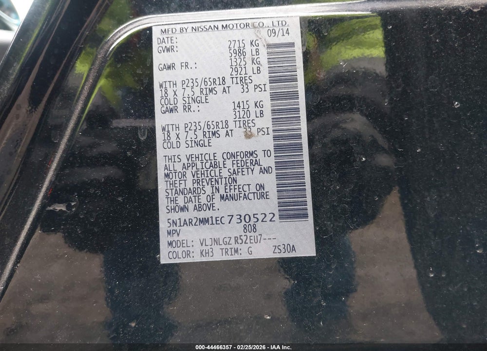 2014 NISSAN PATHFINDER SL VIN: 5N1AR2MM1EC730522