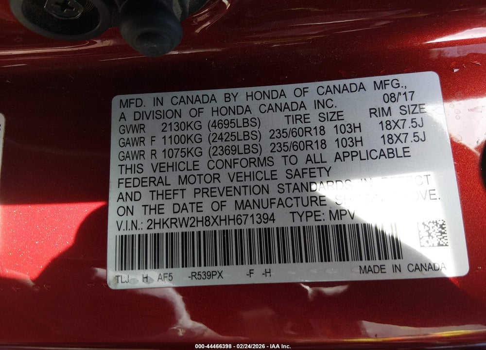 2017 HONDA CR-V EX-L/EX-L NAVI VIN: 2HKRW2H8XHH671394