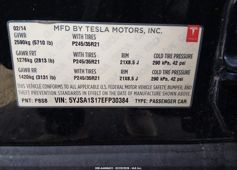 2014 TESLA MODEL S VIN: 5YJSA1S17EFP30384