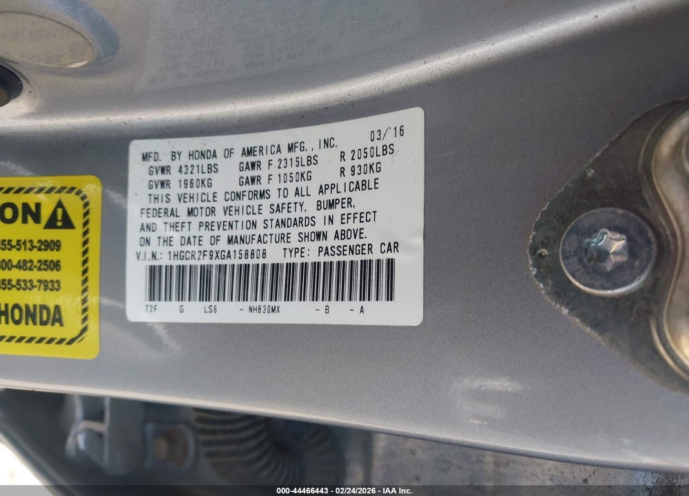 2016 HONDA ACCORD EX-L VIN: 1HGCR2F9XGA158808
