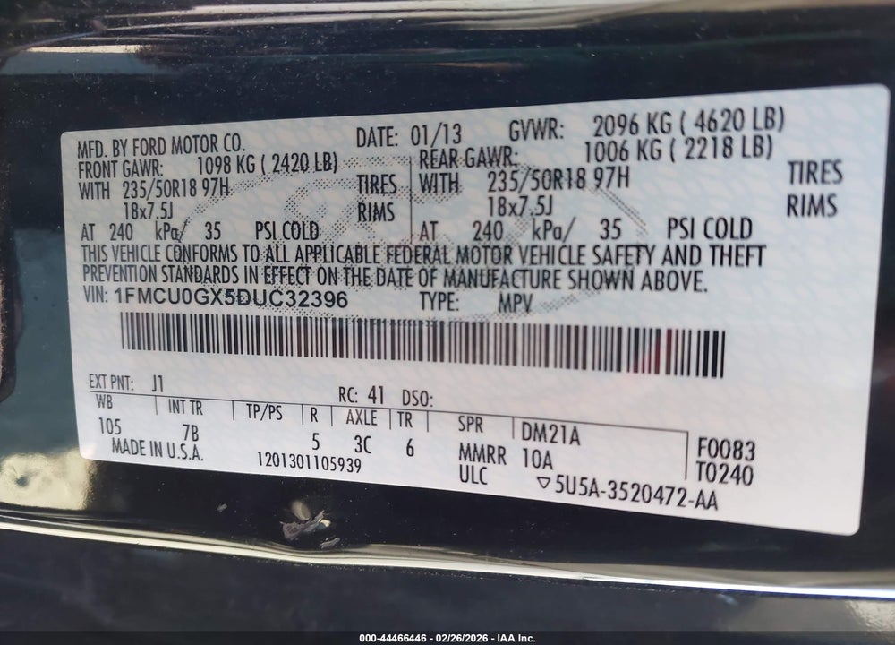 2013 FORD ESCAPE SE VIN: 1FMCU0GX5DUC32396