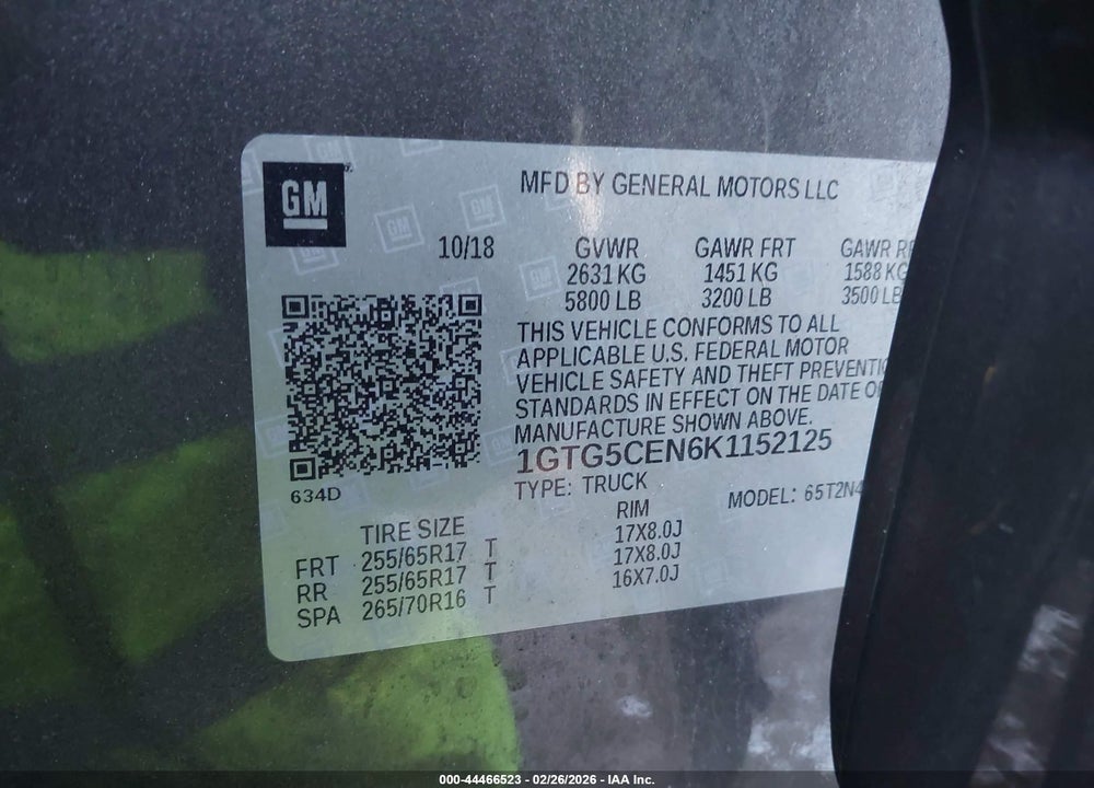 2019 GMC CANYON VIN: 1GTG5CEN6K1152125