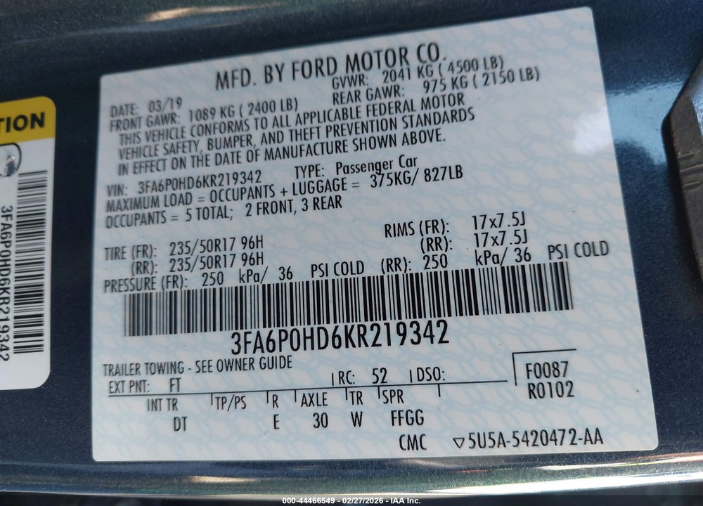 2019 FORD FUSION SE VIN: 3FA6P0HD6KR219342
