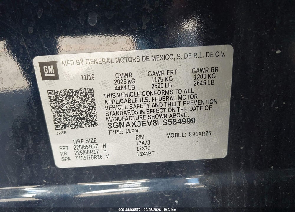 2020 CHEVROLET EQUINOX FWD 2FL VIN: 3GNAXJEV8LS584999