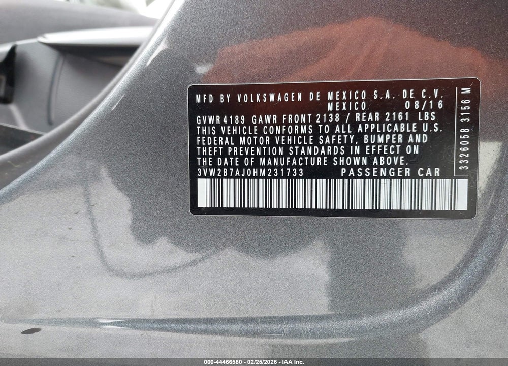 2017 VOLKSWAGEN JETTA 1.4T S VIN: 3VW2B7AJ0HM231733