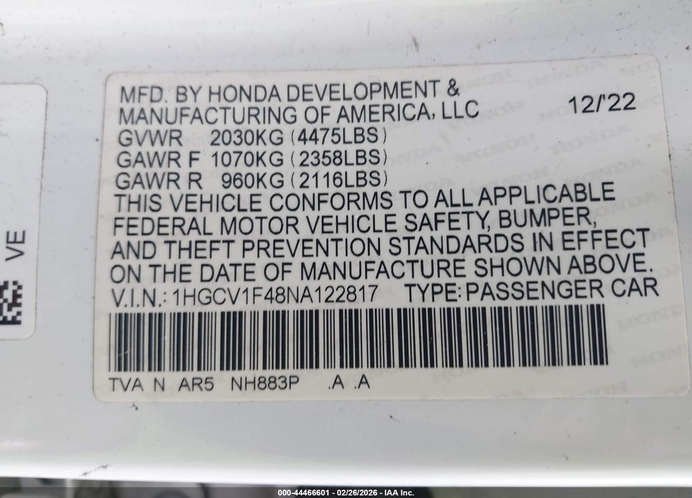 2022 HONDA ACCORD SPORT SPECIAL EDITION VIN: 1HGCV1F48NA122817