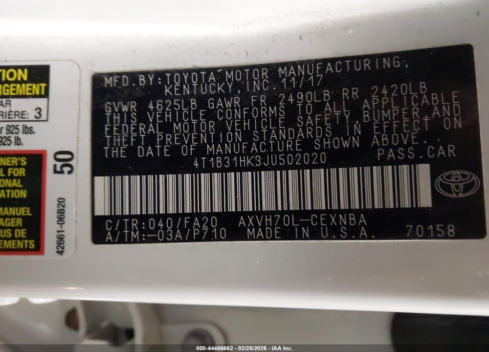 2018 TOYOTA CAMRY HYBRID LE VIN: 4T1B31HK3JU502020