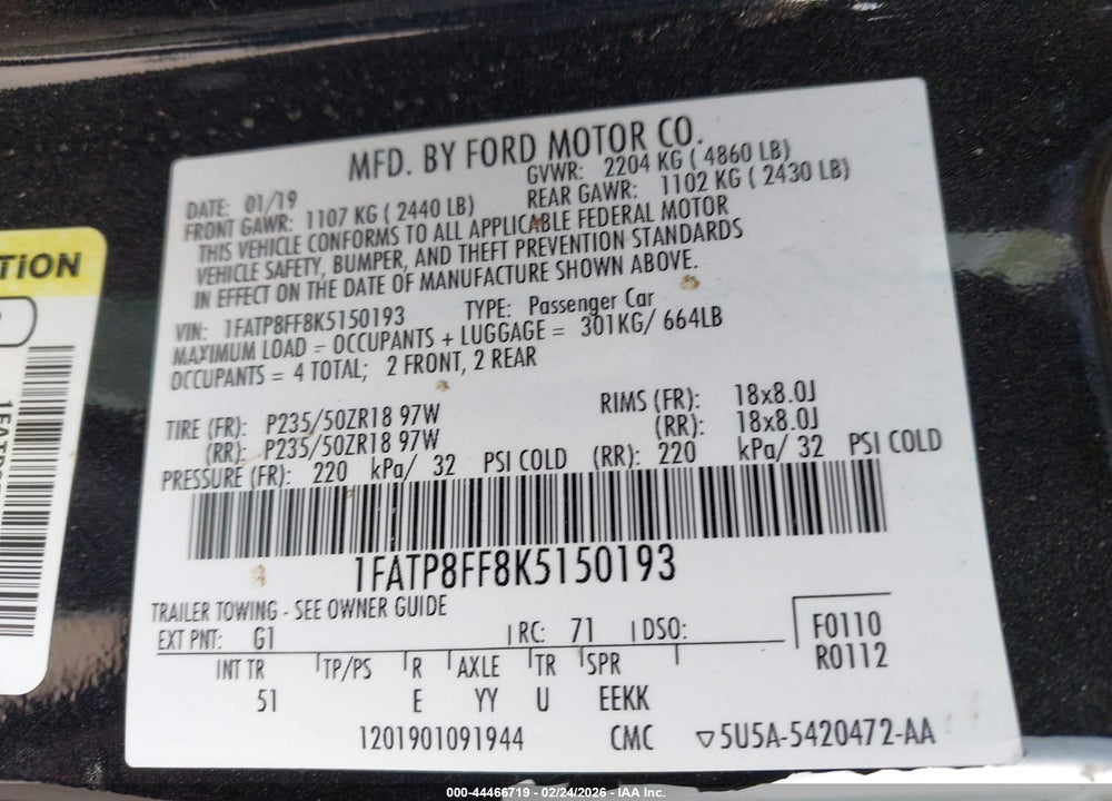 2019 FORD MUSTANG GT PREMIUM VIN: 1FATP8FF8K5150193