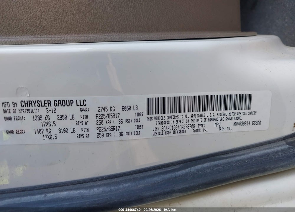 2012 CHRYSLER TOWN & COUNTRY LIMITED VIN: 2C4RC1GG4CR278708