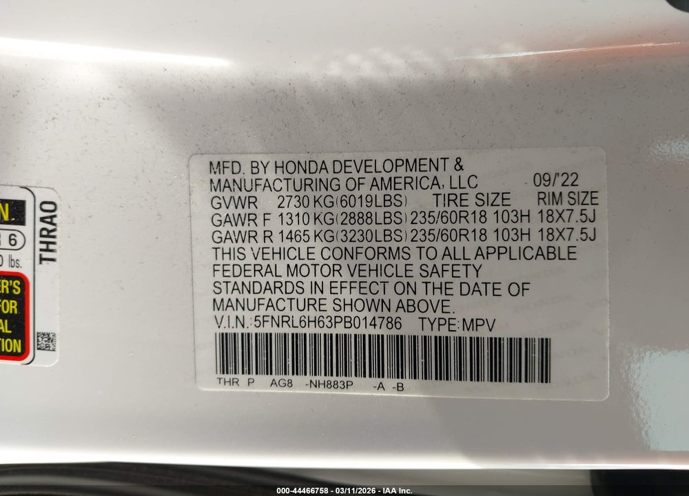 2023 HONDA ODYSSEY EX-L VIN: 5FNRL6H63PB014786