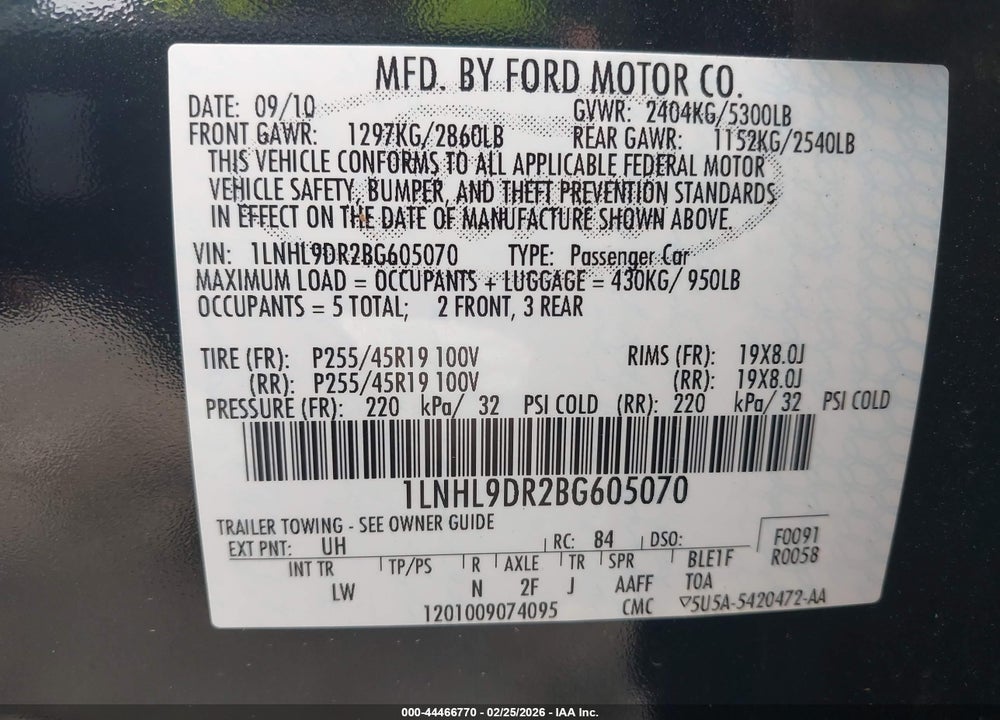 2011 LINCOLN MKS VIN: 1LNHL9DR2BG605070