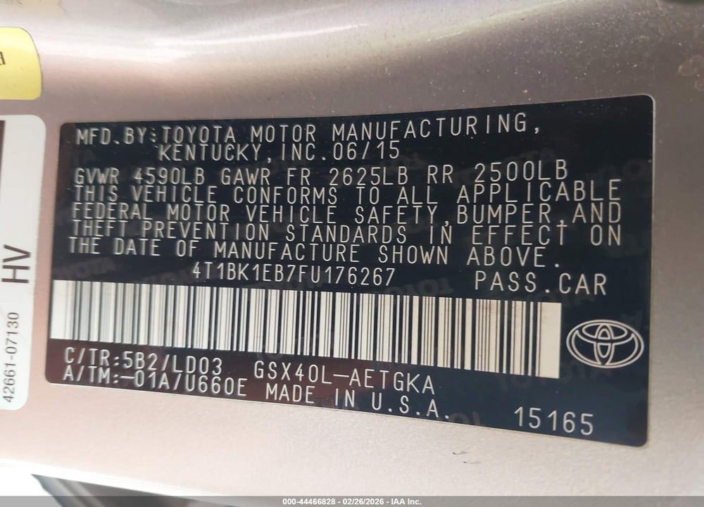 2015 TOYOTA AVALON XLE VIN: 4T1BK1EB7FU176267