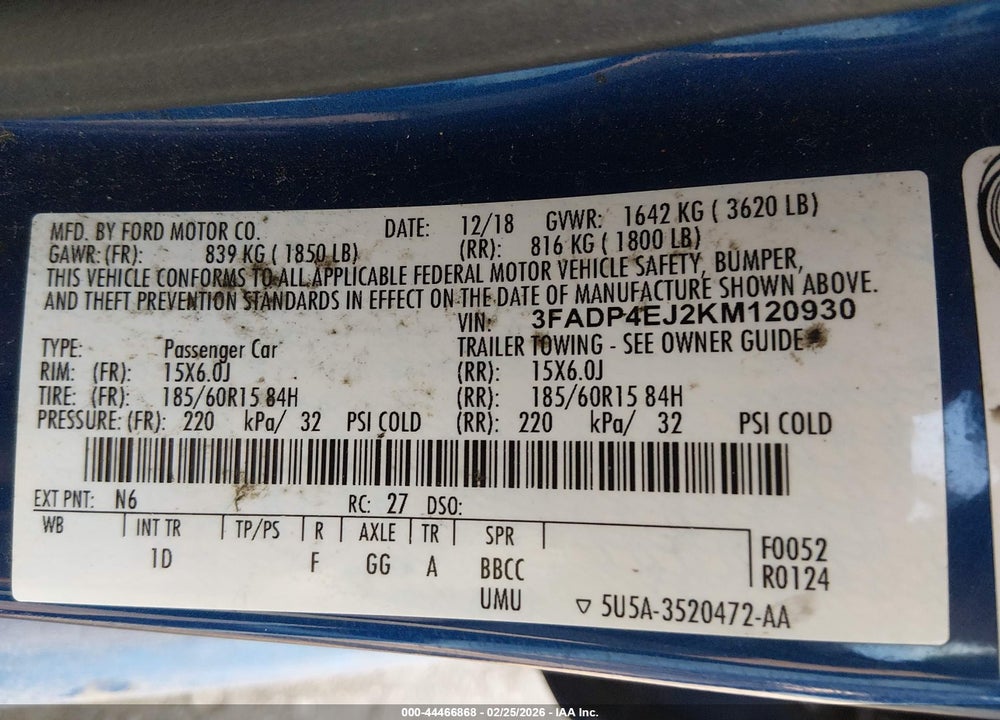 2019 FORD FIESTA SE VIN: 3FADP4EJ2KM120930