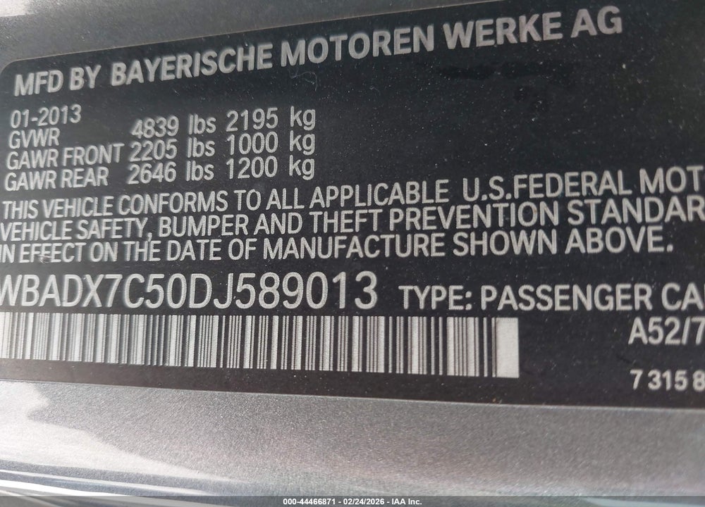 2013 BMW 335I VIN: WBADX7C50DJ589013