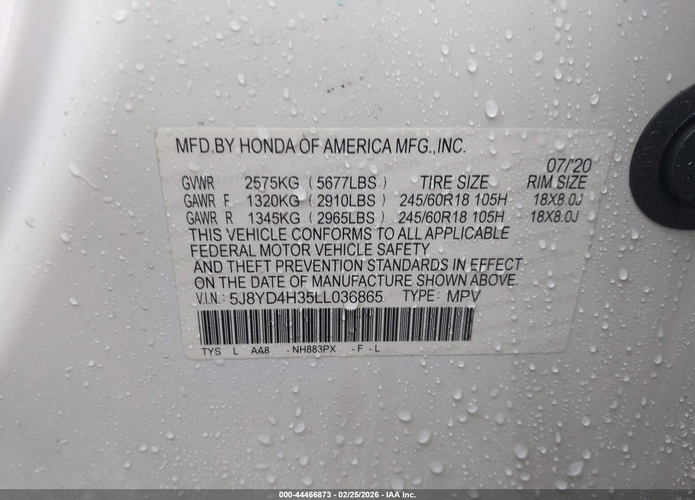 2020 ACURA MDX STANDARD VIN: 5J8YD4H35LL036865