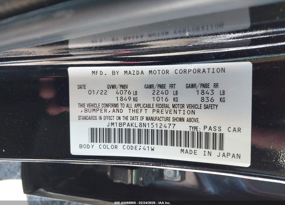 2022 MAZDA 3 SELECT VIN: JM1BPAKL8N1512477