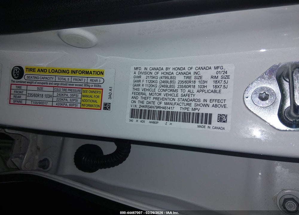 2024 HONDA CR-V EX-L AWD VIN: 2HKRS4H79RH461417
