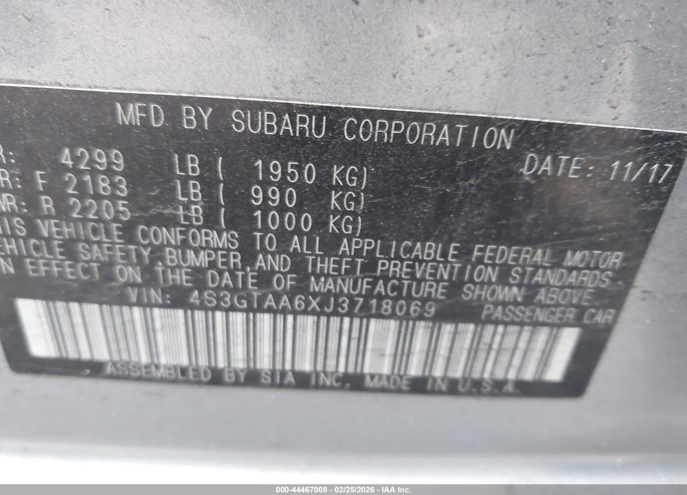 2018 SUBARU IMPREZA 2.0I VIN: 4S3GTAA6XJ3718069