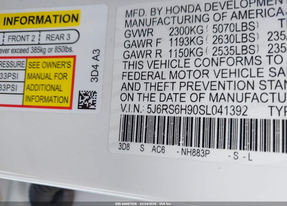 2025 HONDA CR-V HYBRID SPORT TOURING VIN: 5J6RS6H90SL041392