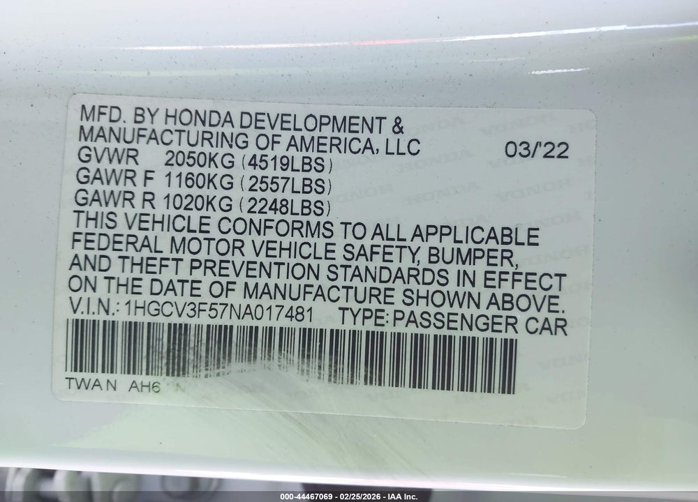 2022 HONDA ACCORD HYBRID EX-L VIN: 1HGCV3F57NA017481
