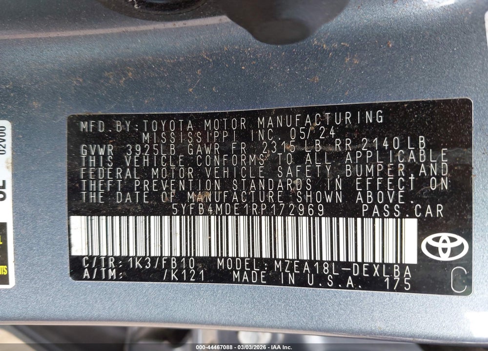 2024 TOYOTA COROLLA LE VIN: 5YFB4MDE1RP172969