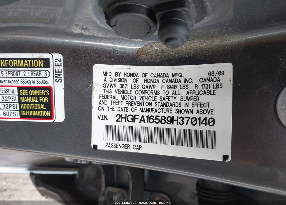 2009 HONDA CIVIC LX VIN: 2HGFA16589H370140