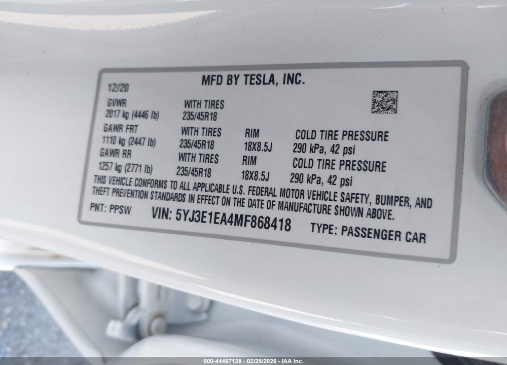 2021 TESLA MODEL 3 STANDARD RANGE PLUS REAR-WHEEL DRIVE VIN: 5YJ3E1EA4MF868418