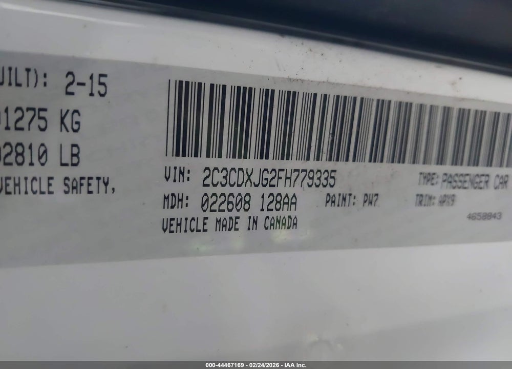 2015 DODGE CHARGER SXT VIN: 2C3CDXJG2FH779335