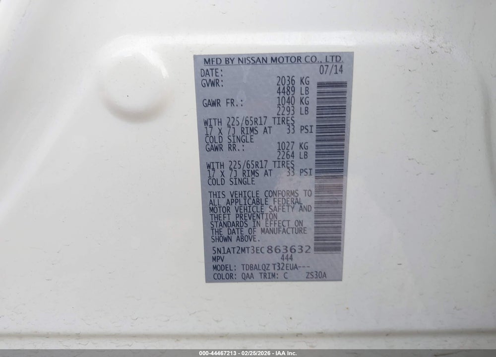 2014 NISSAN ROGUE SV VIN: 5N1AT2MT3EC863632