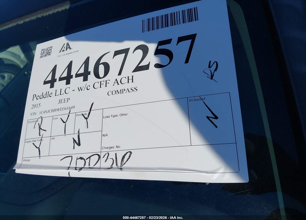 2015 JEEP COMPASS SPORT VIN: 1C4NJCBB9FD361649