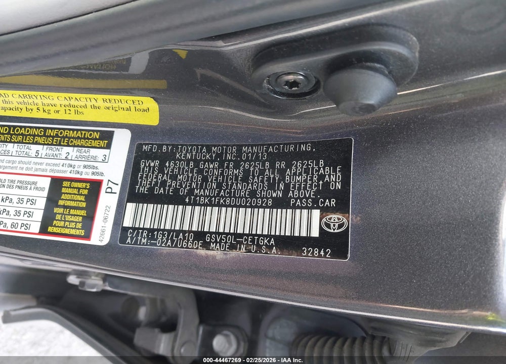 2013 TOYOTA CAMRY XLE V6 VIN: 4T1BK1FK8DU020928
