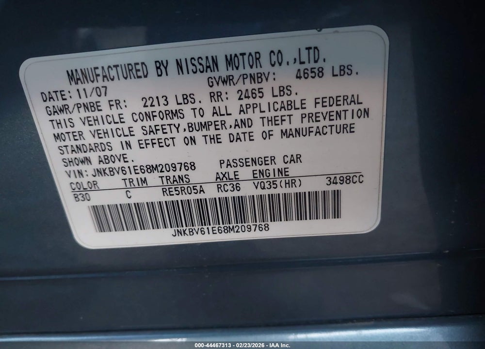2008 INFINITI G35 JOURNEY VIN: JNKBV61E68M209768