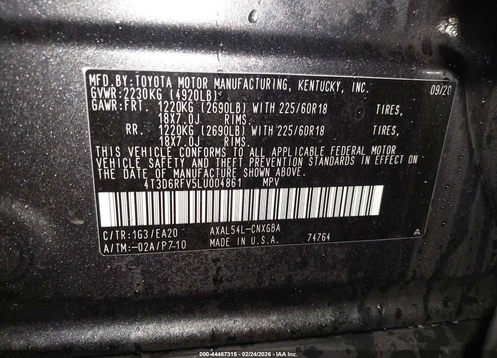 2020 TOYOTA RAV4 HYBRID LIMITED VIN: 4T3D6RFV5LU004861