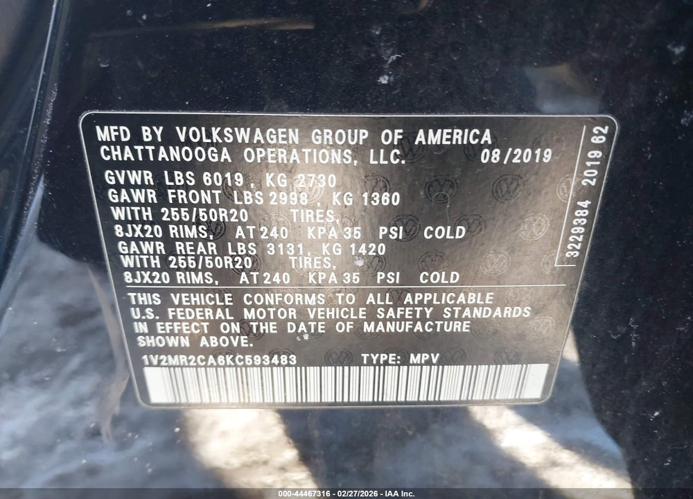 2019 VOLKSWAGEN ATLAS 3.6L V6 SEL VIN: 1V2MR2CA6KC593483