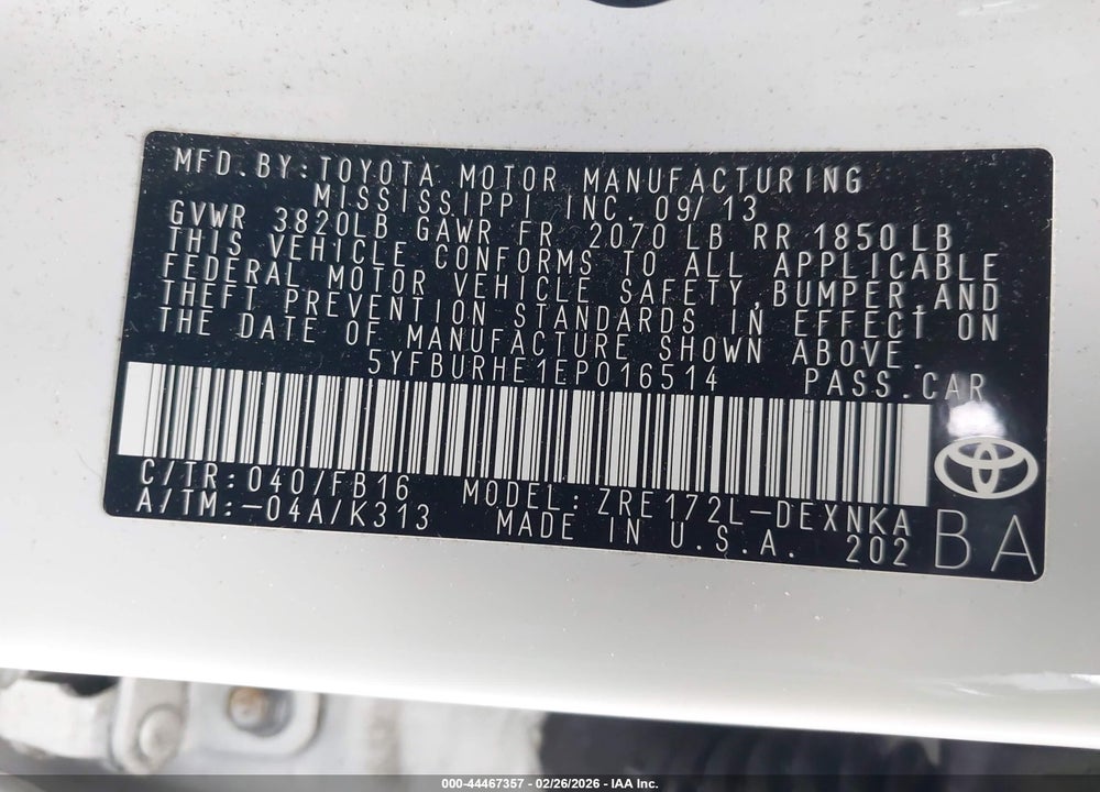 2014 TOYOTA COROLLA LE VIN: 5YFBURHE1EP016514