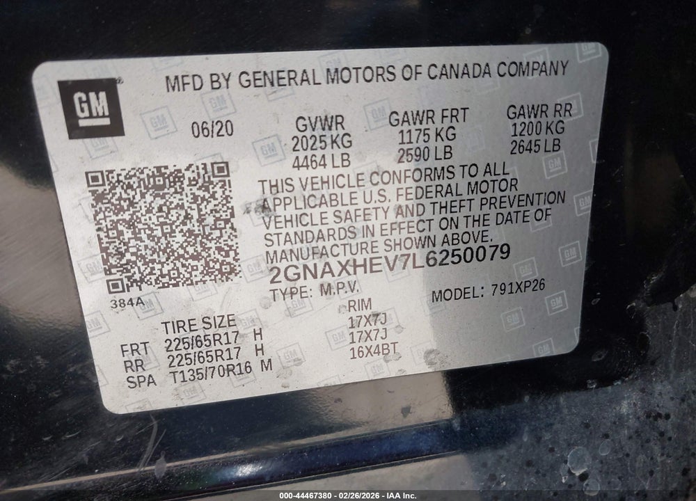 2020 CHEVROLET EQUINOX FWD LS VIN: 2GNAXHEV7L6250079