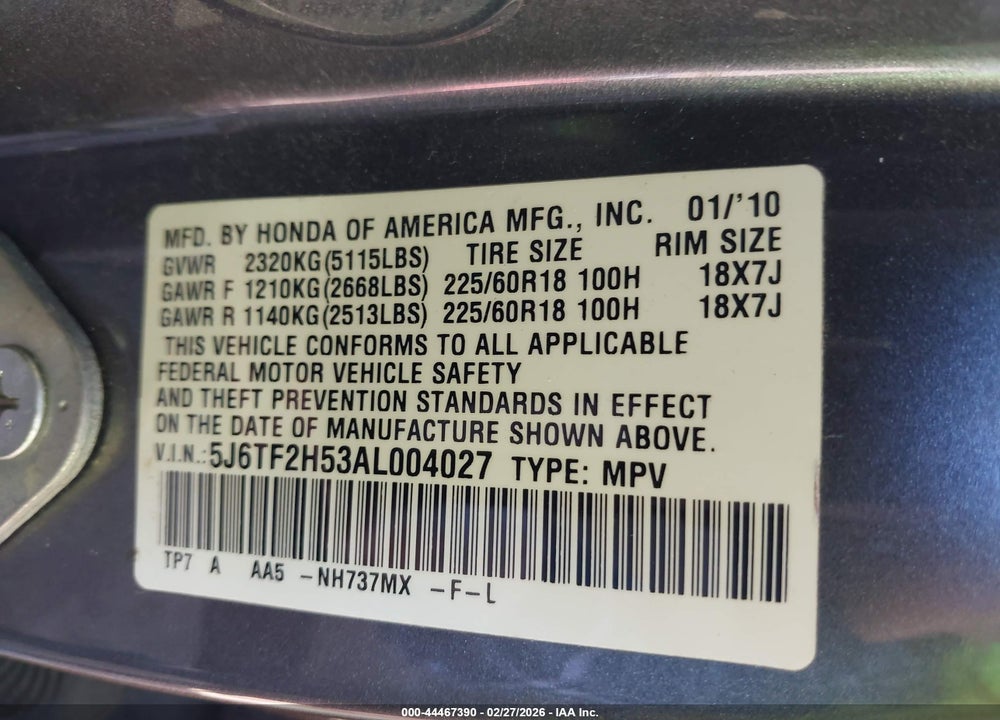 2010 HONDA ACCORD CROSSTOUR EX-L VIN: 5J6TF2H53AL004027