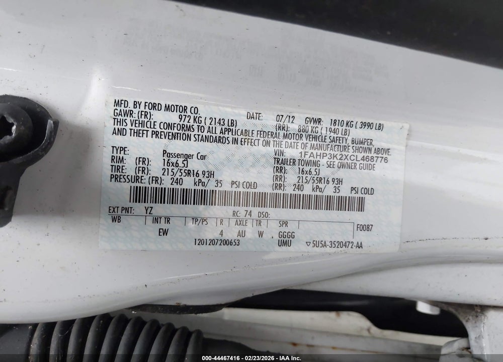 2012 FORD FOCUS SE VIN: 1FAHP3K2XCL468776