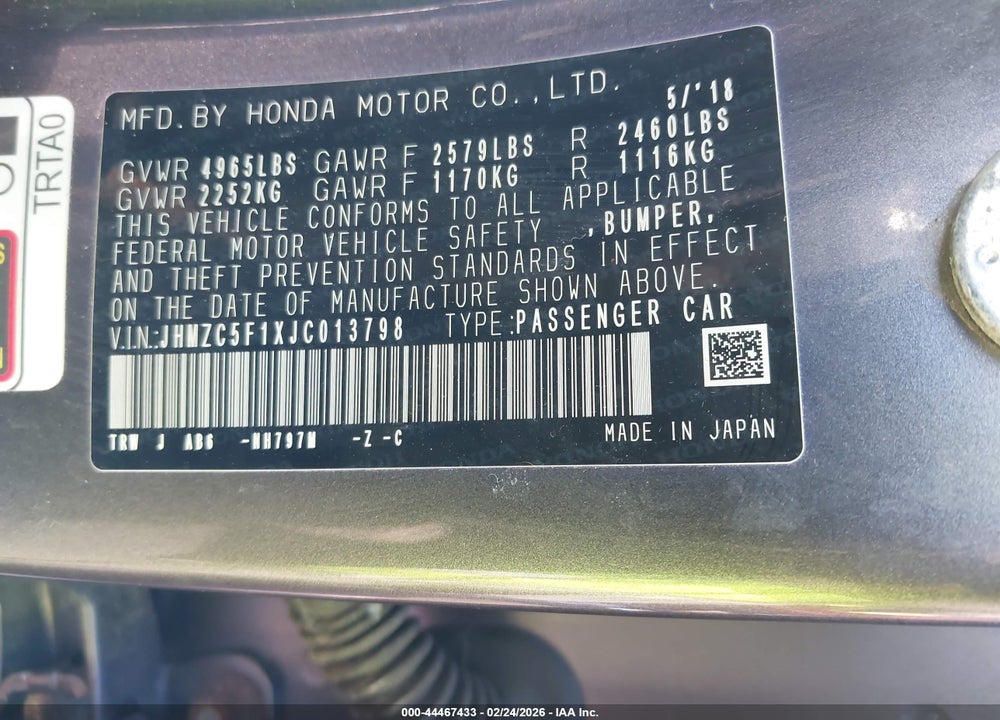 2018 HONDA CLARITY PLUG-IN HYBRID VIN: JHMZC5F1XJC013798