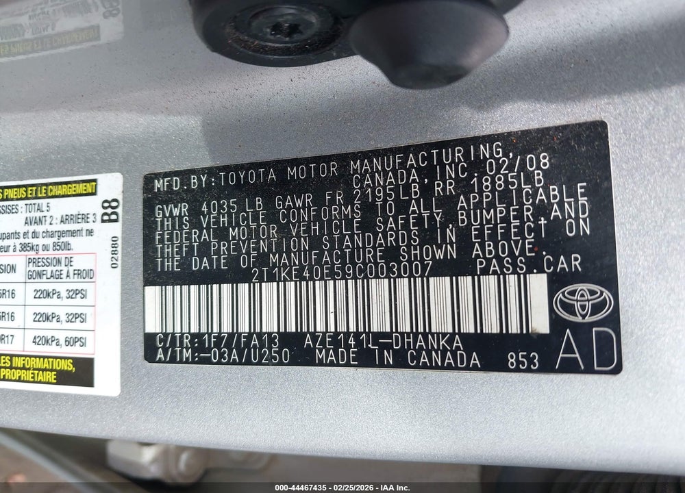 2009 TOYOTA MATRIX S VIN: 2T1KE40E59C003007