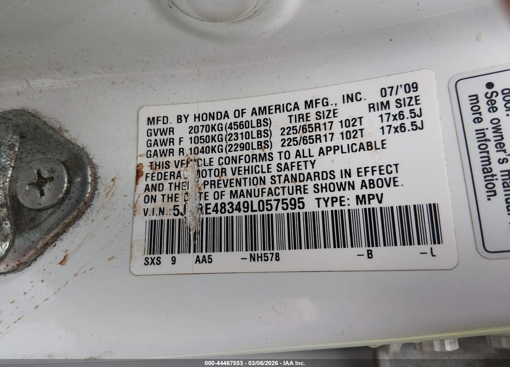 2009 HONDA CR-V LX VIN: 5J6RE48349L057595
