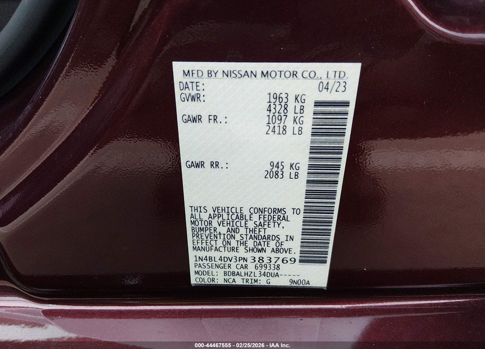 2023 NISSAN ALTIMA SV FWD VIN: 1N4BL4DV3PN383769
